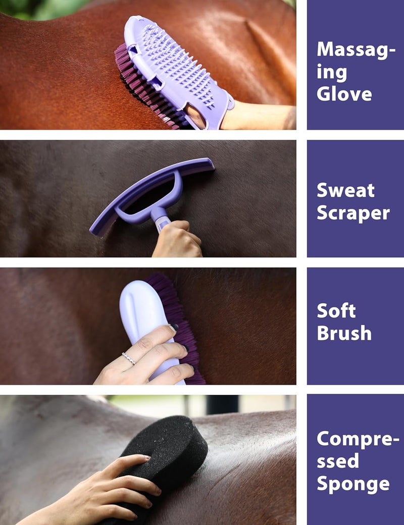 Furrishine 11PCS Horse Grooming Kit Curry Comb Sweat Scraper Horse Bathing Supplies Grooming Tools with Storage Bag Sugar Taro - Image 4